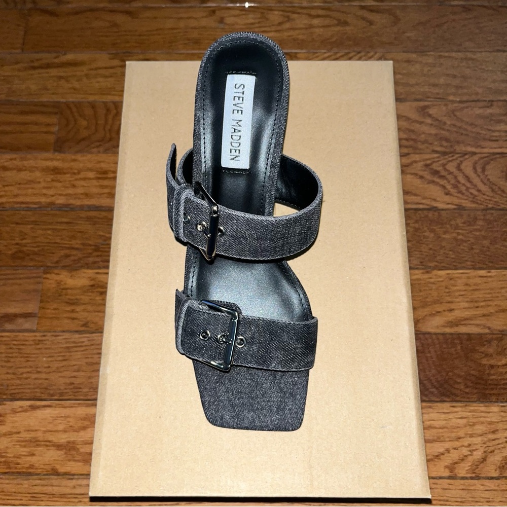 Steve Madden Menna Double Buckle Denim Sandals Black Denim Women’s Size 7 - Picture 8 of 14